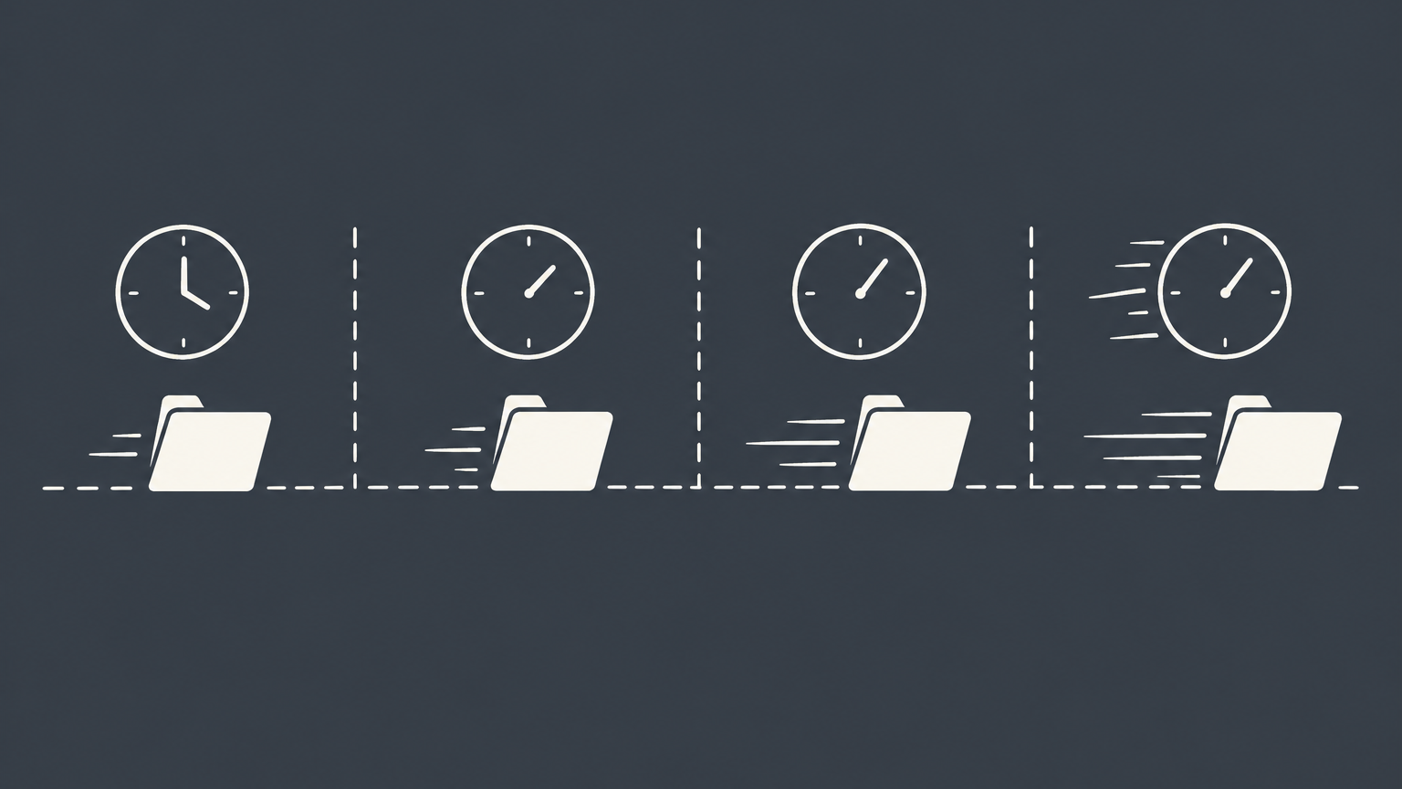 Flat illustration of a formation document moving through timed filing lanes with separate coin stacks representing Delaware expedited filing fees.