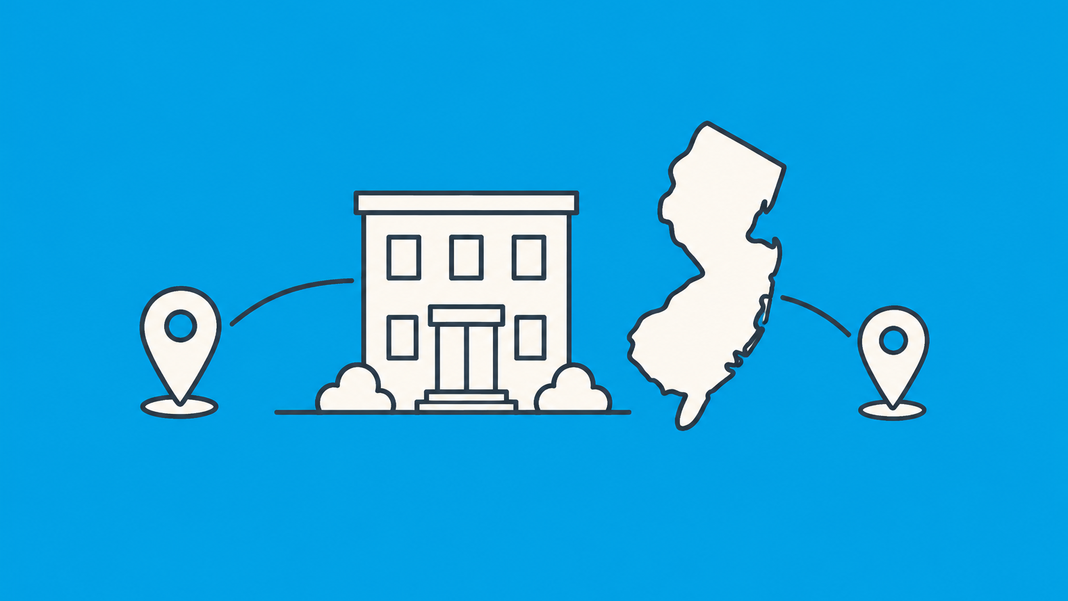 Flat illustration of a small office moving between map pins beside filing materials for a New Jersey LLC address change.