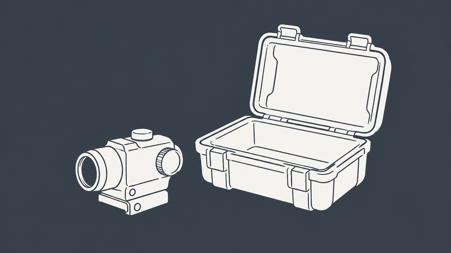 Flat illustration of an invention beside an empty protective case, representing an unpatented invention and its exposure to copying.