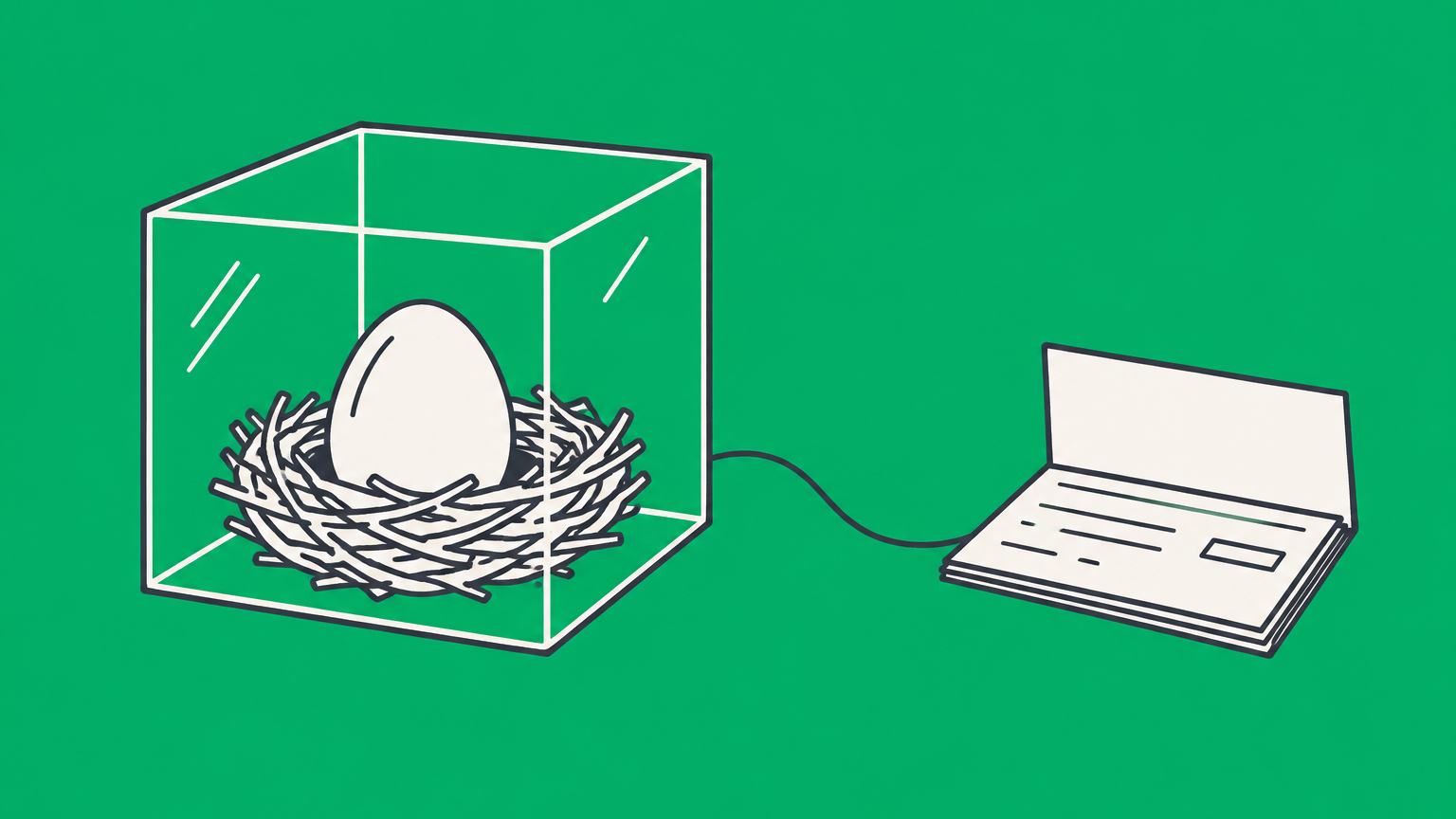 Flat illustration of a retirement nest egg inside a protective cube connected to a checkbook and investment tiles, representing a self-directed IRA LLC.