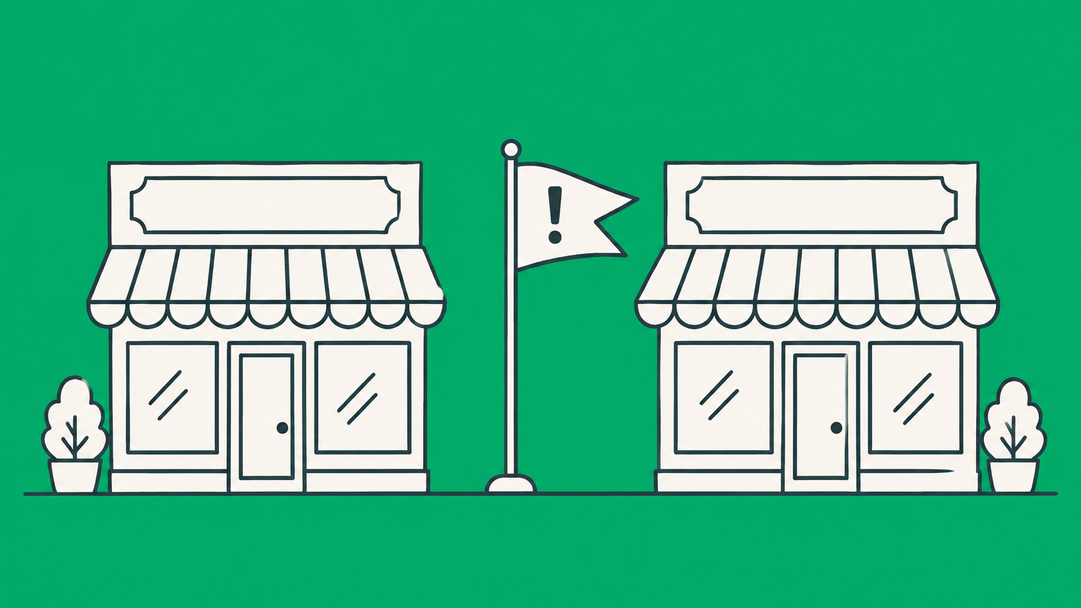 Flat illustration of a storefront and filing folder with different emblems connected together, representing a business using a different name than its LLC.