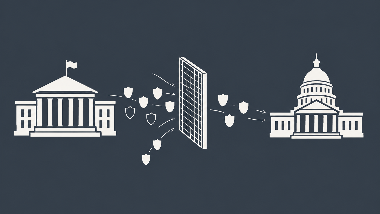 Flat illustration of selected shield-shaped tiles passing through a filter from a federal building to a state capitol, representing selective incorporation.