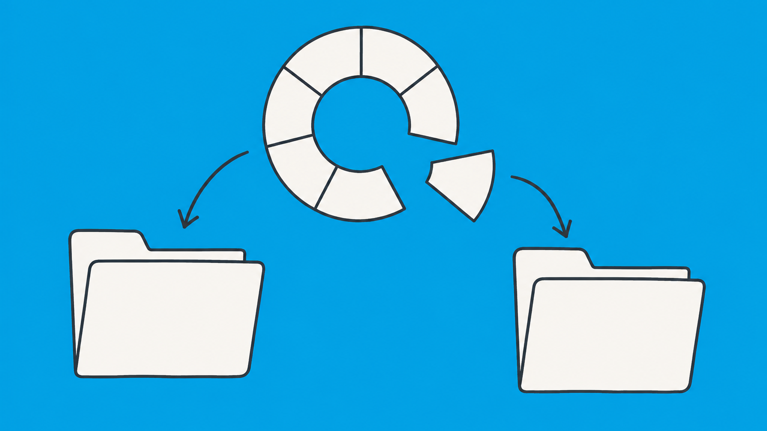 Flat illustration of a segmented ownership ring moving one wedge between document folders to represent reassignment of LLC membership interests.