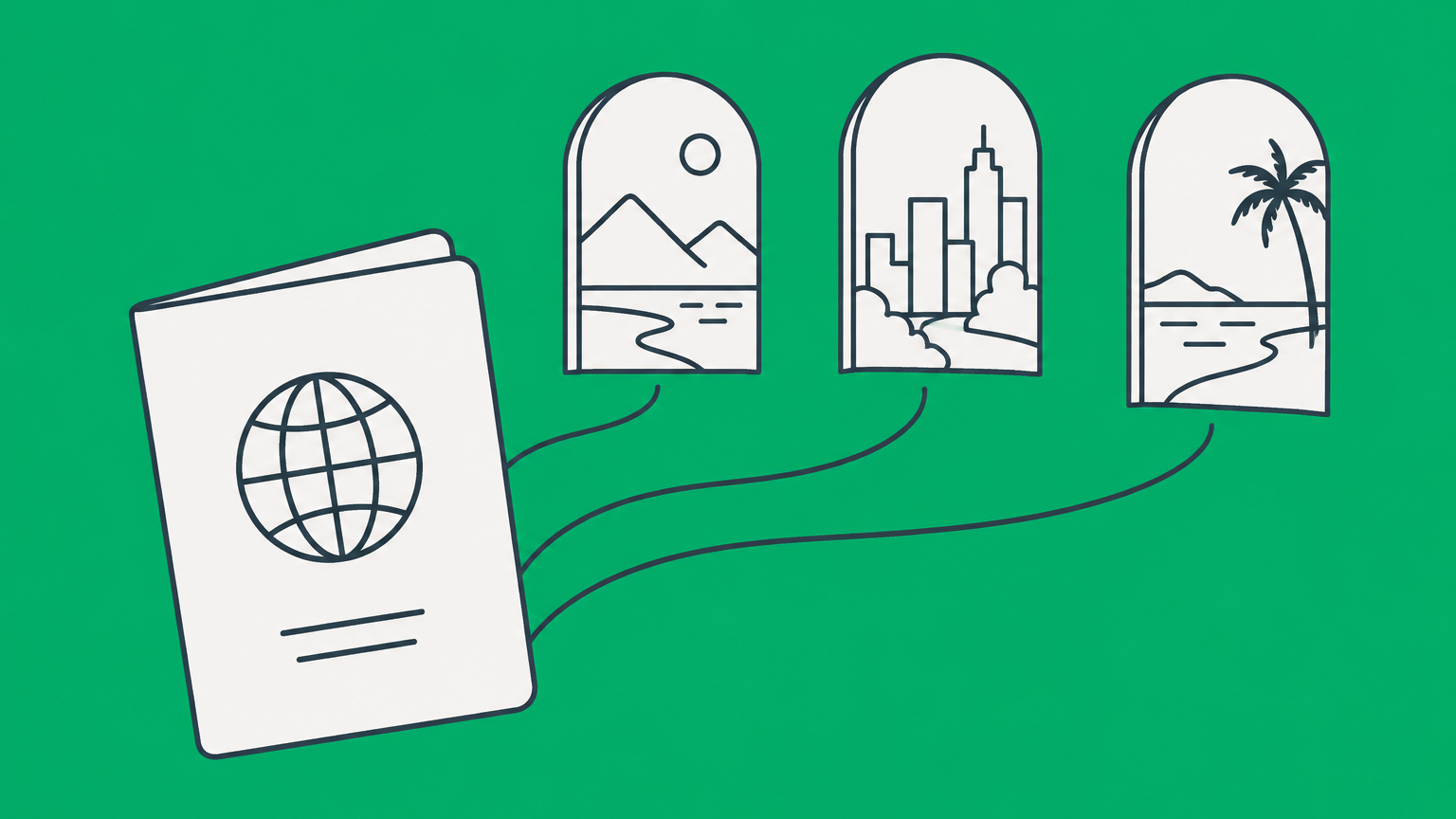 Flat illustration of a passport and branching paths to government portals representing a US visa status check.