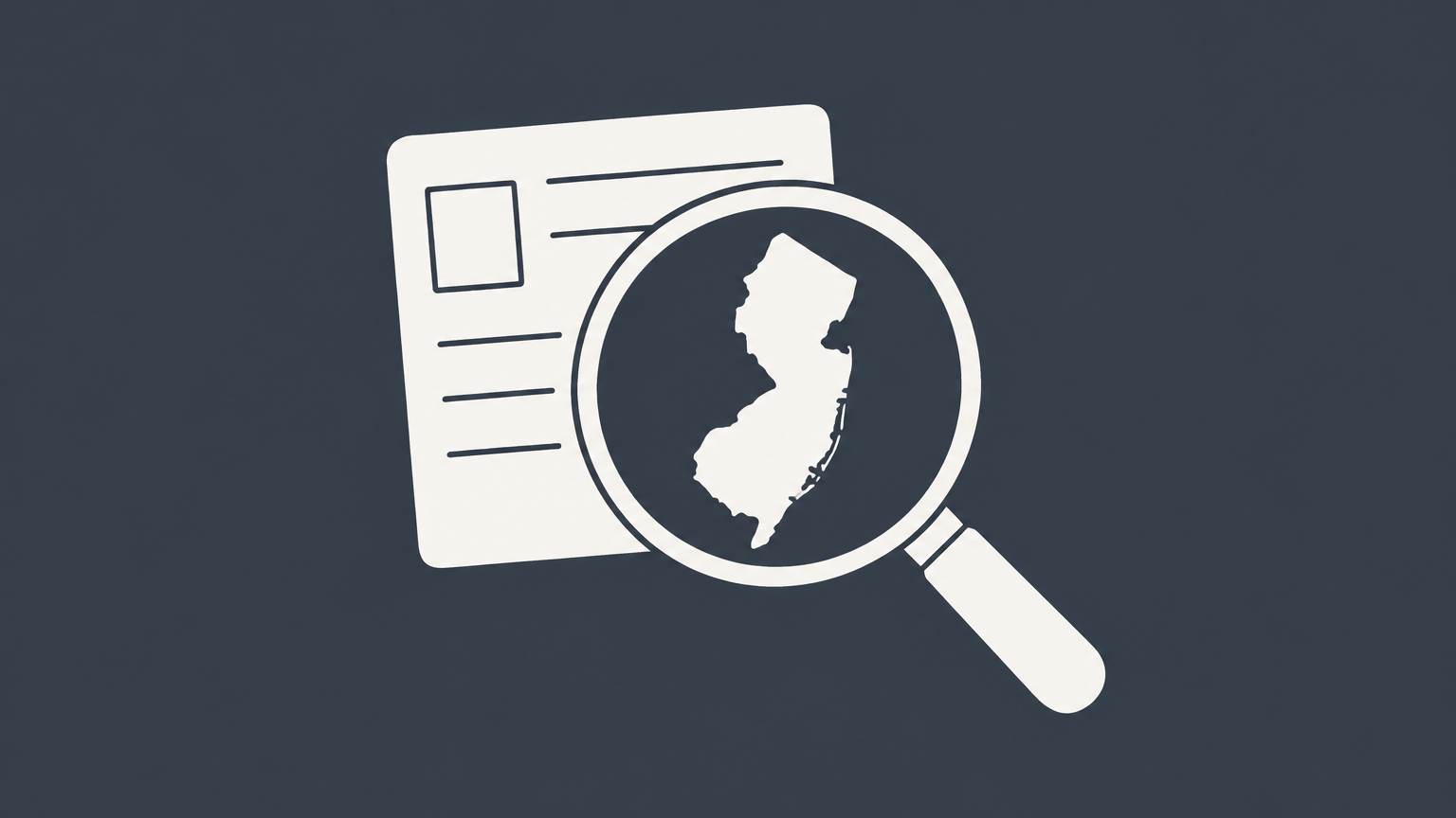 Flat illustration of a magnifying glass examining business folders and a New Jersey-shaped record card for a New Jersey business entity search.