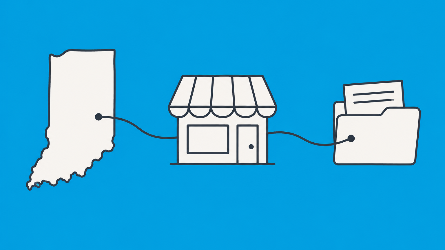 Flat illustration of an Indiana map branching to business registration, professional licensing, tax, and local permit symbols for getting a business license in Indiana.