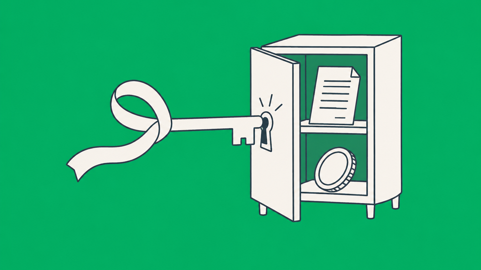 Flat illustration of a ribbon-shaped key unlocking contract, tax, and funding compartments representing women-owned business benefits.