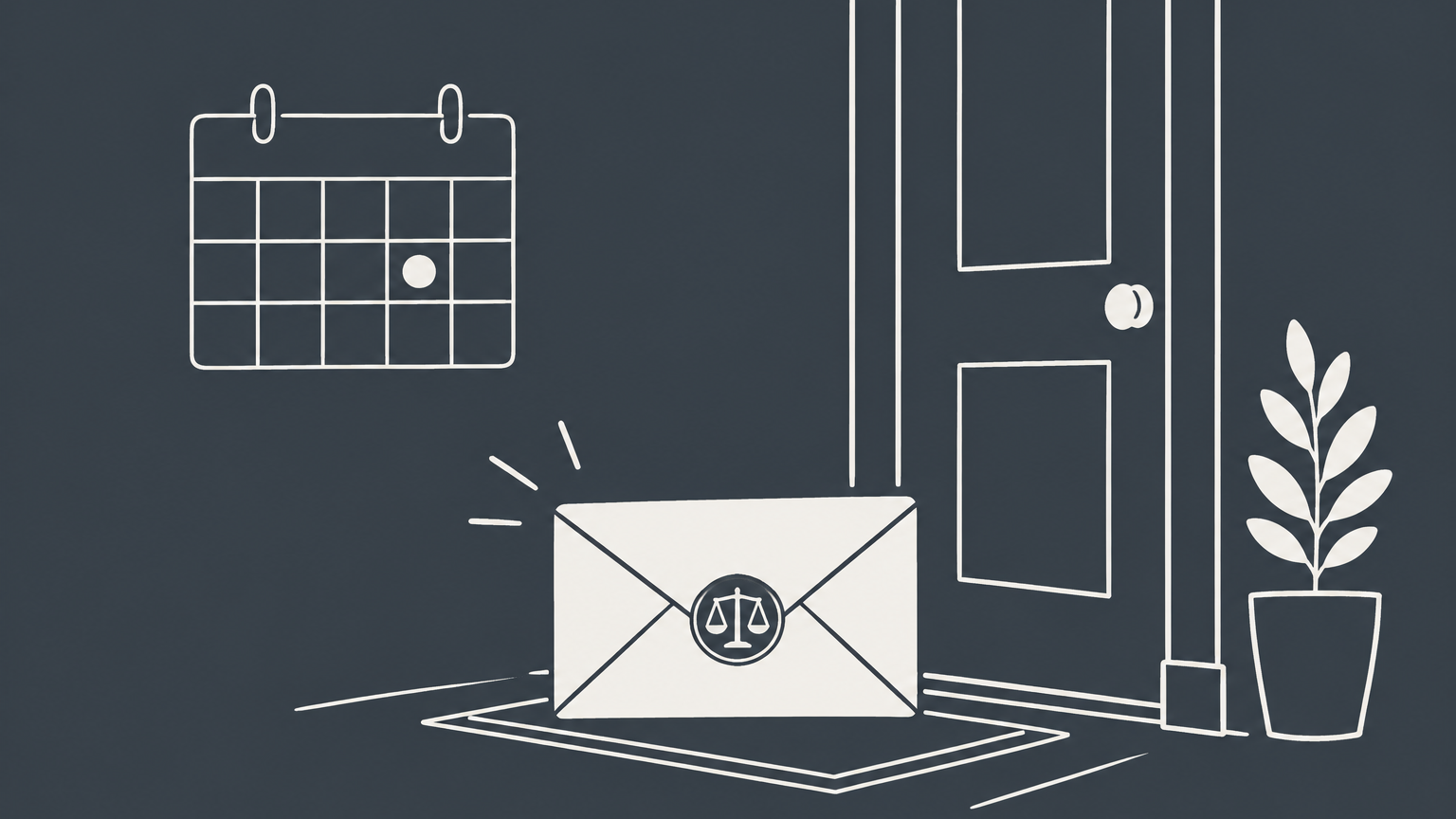 Flat illustration of a sealed legal envelope moving toward a home and business mailbox beside a calendar and delivery receipt to represent service of process.