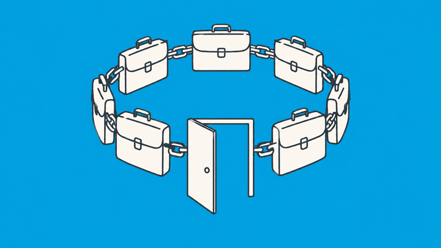 Flat illustration of a briefcase entering a ring of linked briefcases to represent joining professional groups.