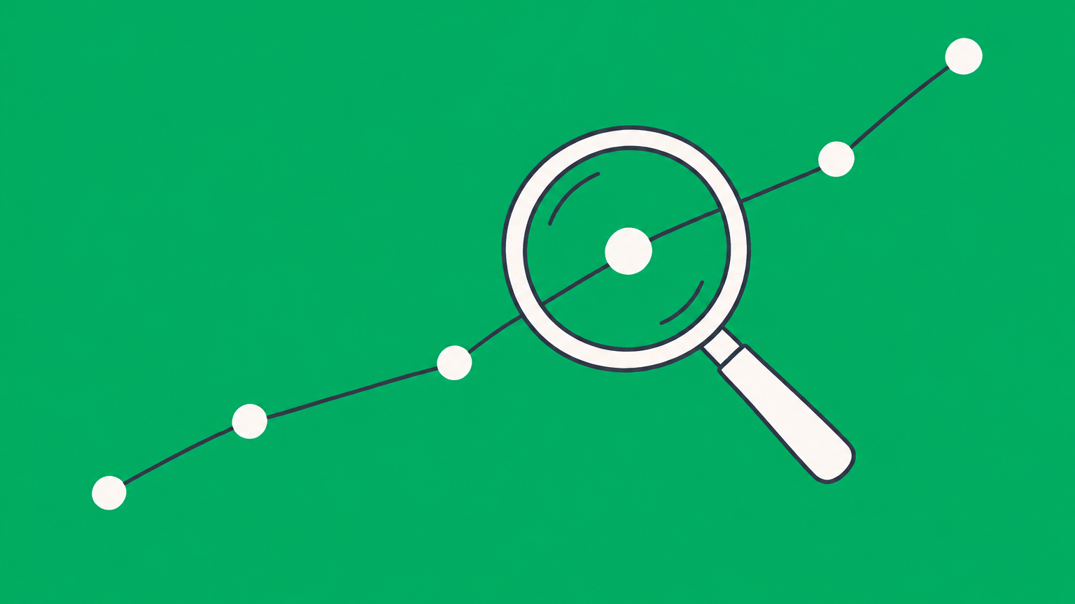 Flat illustration of a magnifying glass examining a data path between a factory and storefront to represent industry trends analysis.