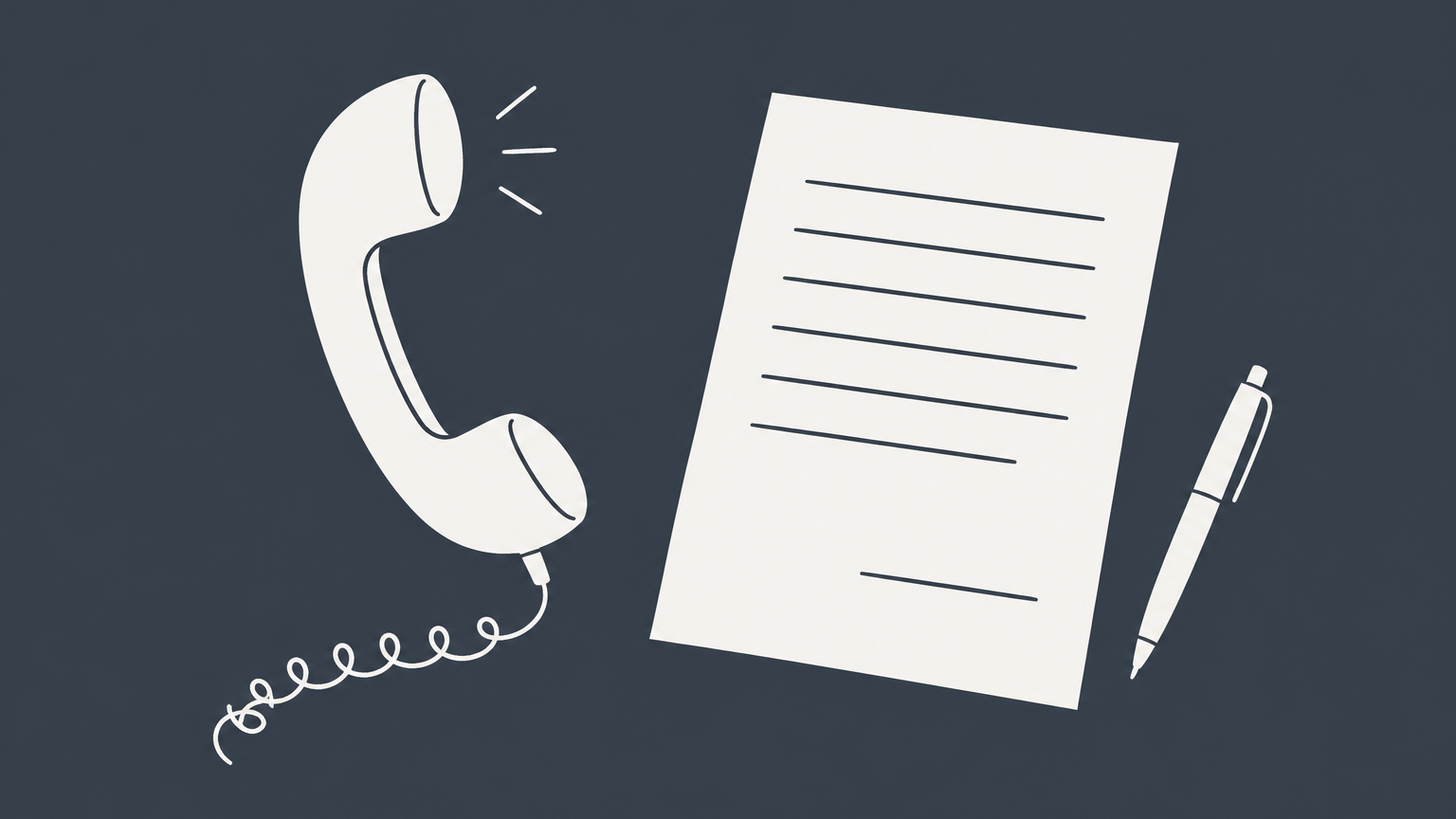 Flat illustration of a telephone handset, unsigned letter, and bridging pen representing the transition from a verbal job offer to a written offer.
