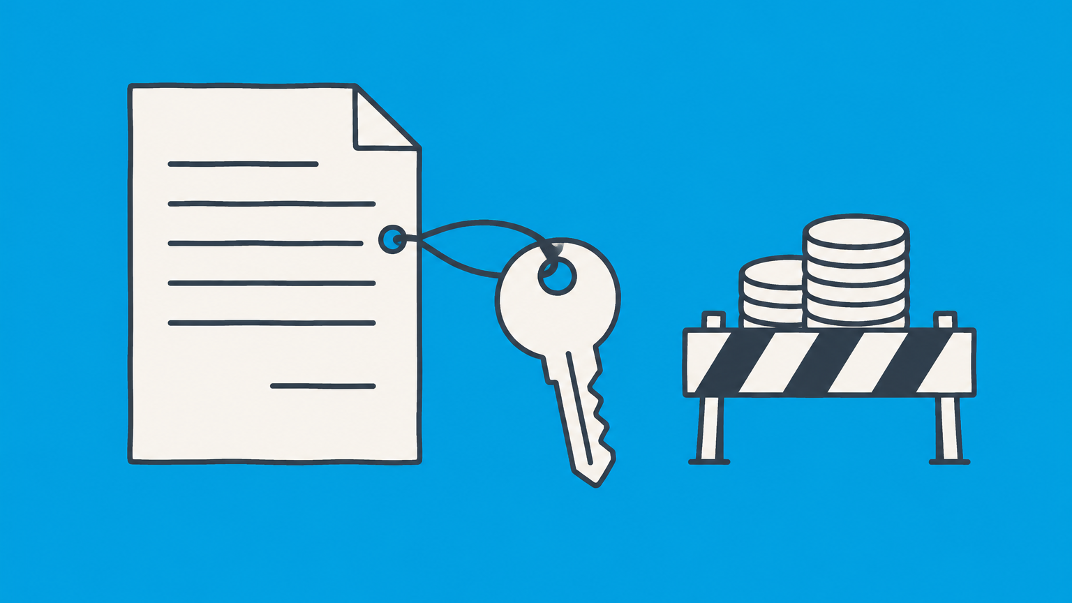 Flat illustration of a contract leading to a unique house key instead of coins, representing specific performance.