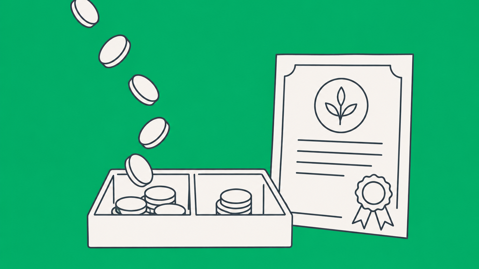 Flat illustration of coins divided between a share certificate compartment and an excess-contribution compartment to represent paid-in capital and APIC.