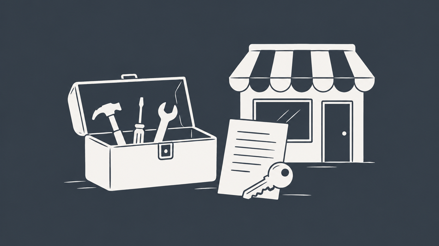 Flat illustration of a business toolbox containing objects that represent the contracts, operations, property, and employment areas of business law.
