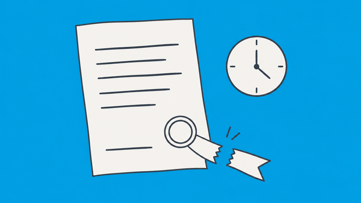 Flat illustration of an unsigned document with a cut connecting ribbon, clock, and closed envelope representing termination of an offer.