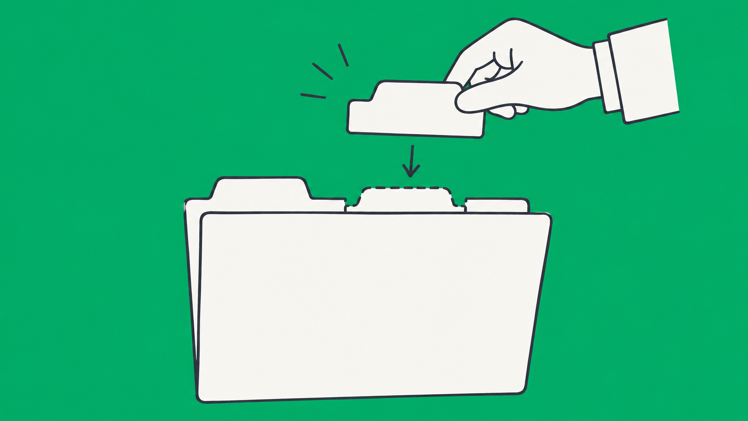 Flat illustration of a company folder receiving a new file tab while connected records remain in place, representing an LLC name change.