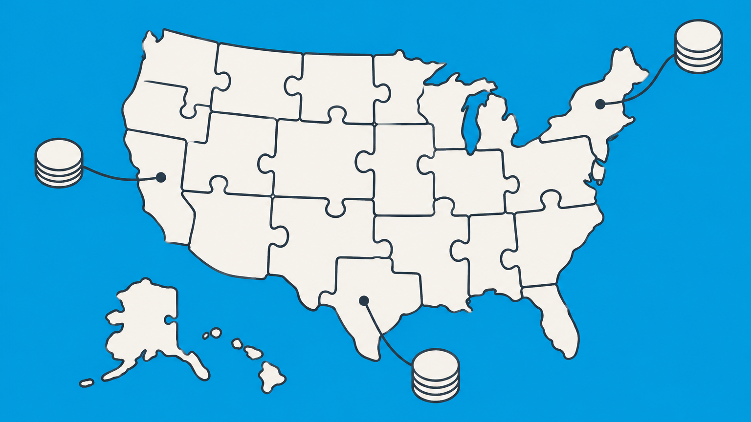 Flat illustration of a tiled United States map connected to coins and a filing folder representing LLC taxes by state.