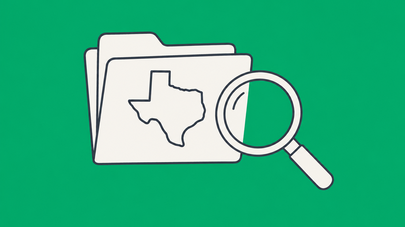 Flat illustration of a Texas document folder, magnifying glass, and certificate representing a Texas Articles of Incorporation lookup.