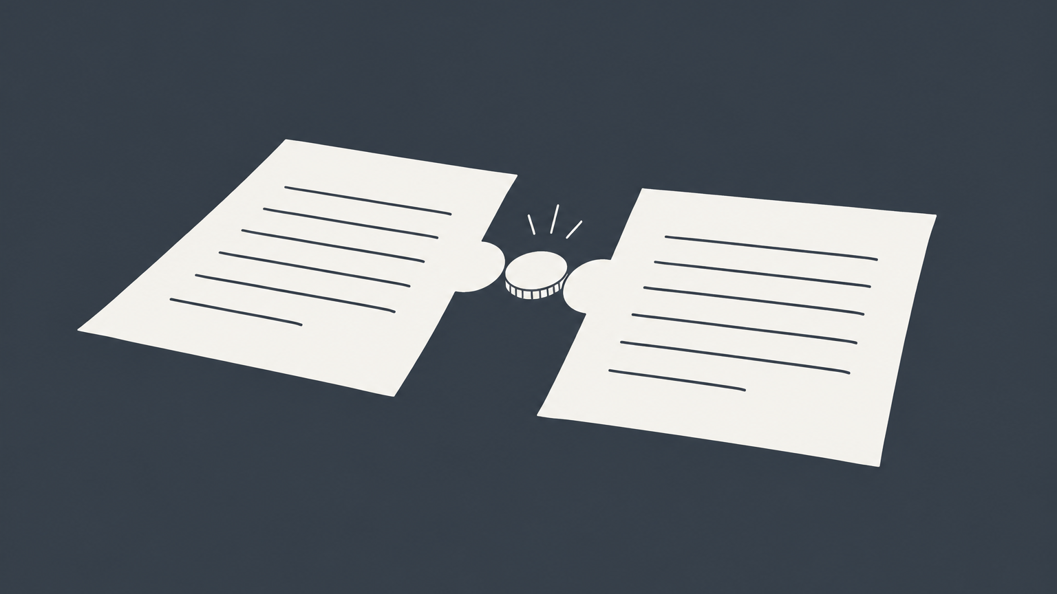 Flat illustration of a tiny coin connecting two interlocking contract pages to represent nominal consideration in contract law.