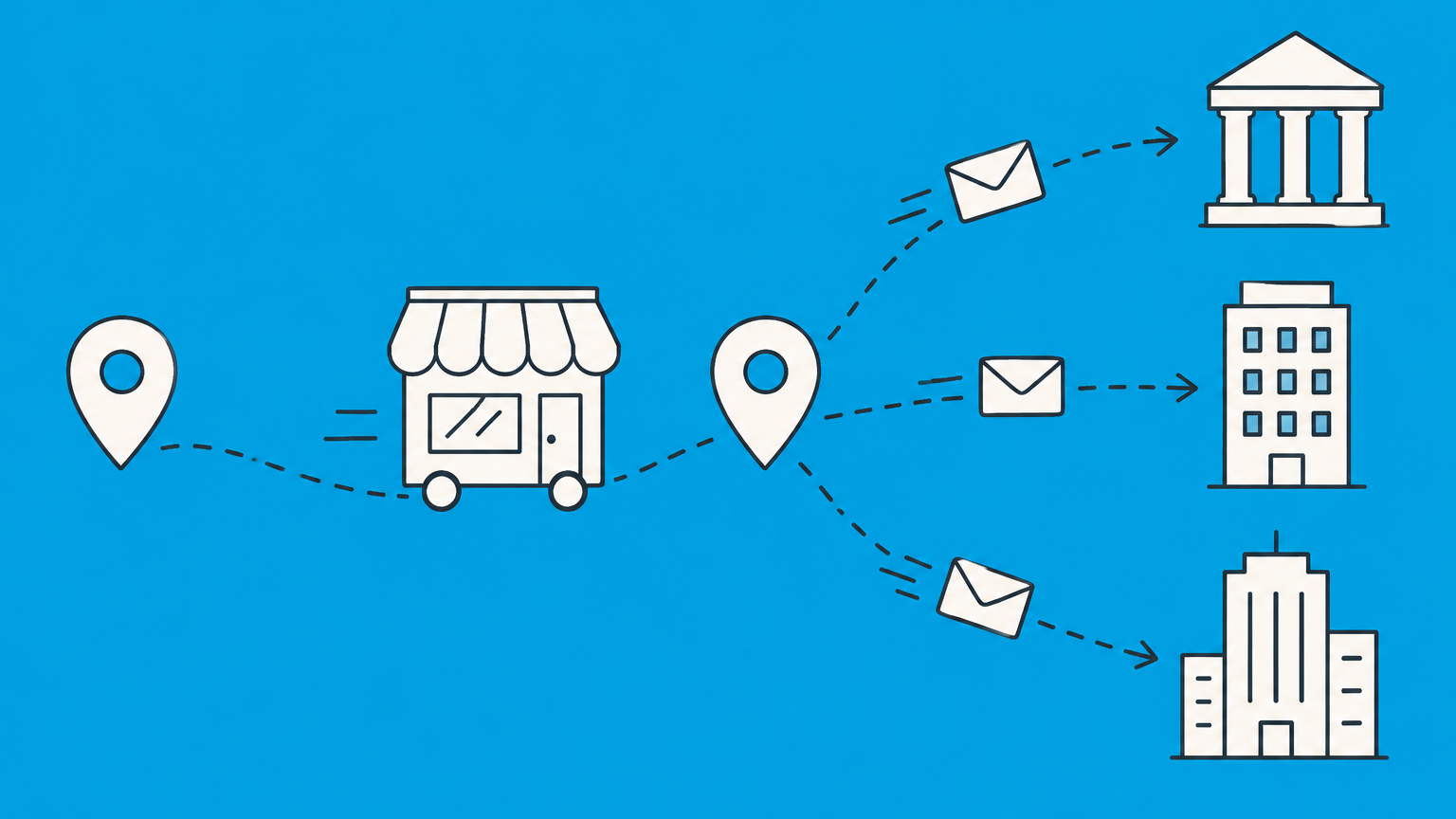 Flat illustration of a storefront moving between map pins with separate notices sent to agencies and a bank, representing how to change a business address.