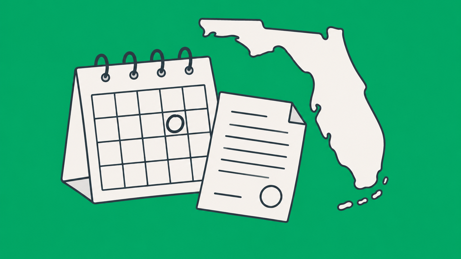 Flat illustration of contract pages entering marked calendar deadlines for the Florida statute of limitations for breach of contract.