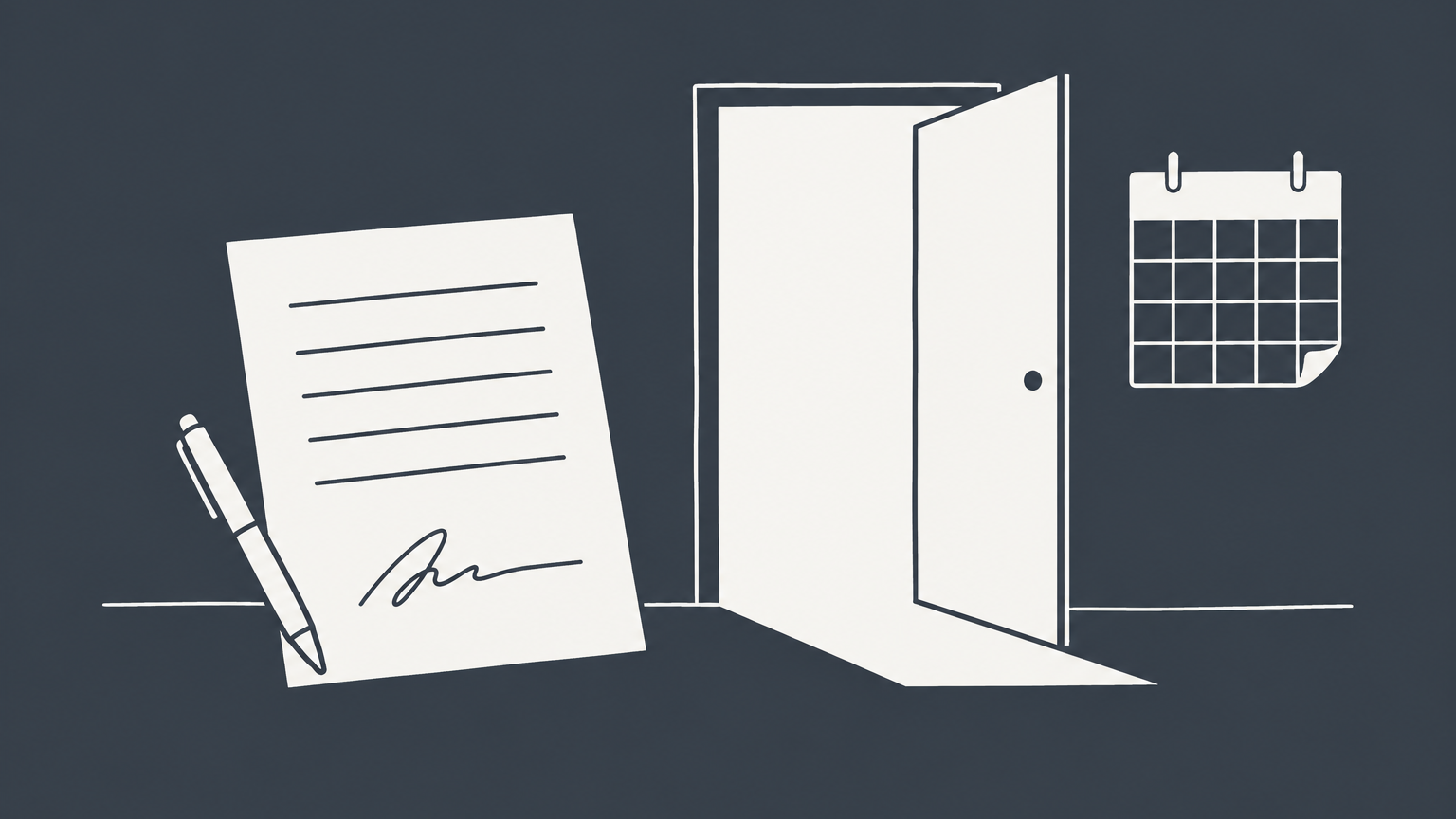 Flat illustration of a signed contract, calendar, notice envelope, and open exit door representing how to cancel a contract after signing it.