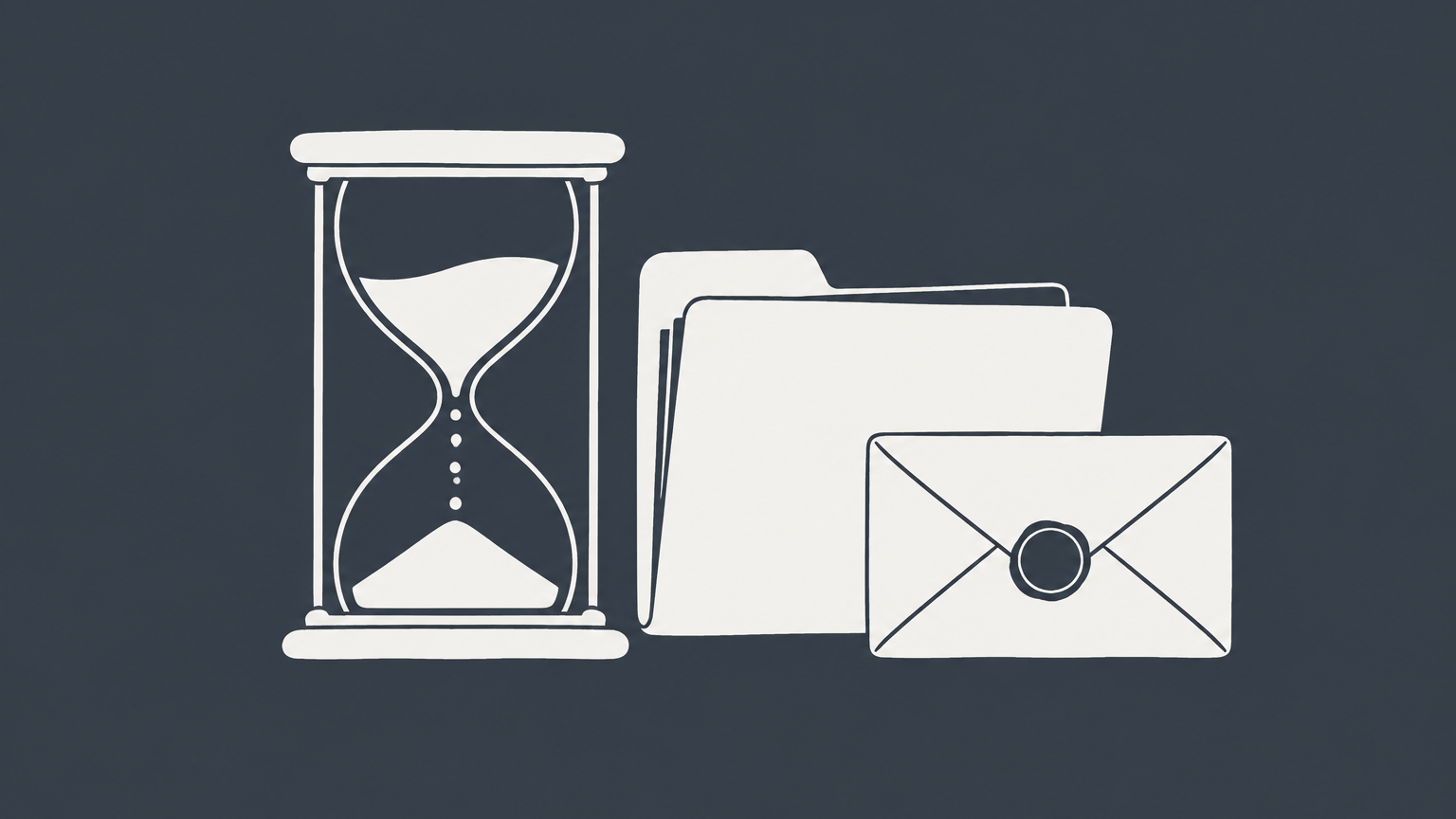 Flat illustration of an hourglass, two application folders, and a sealed envelope representing the 501(c)(3) approval timeline.