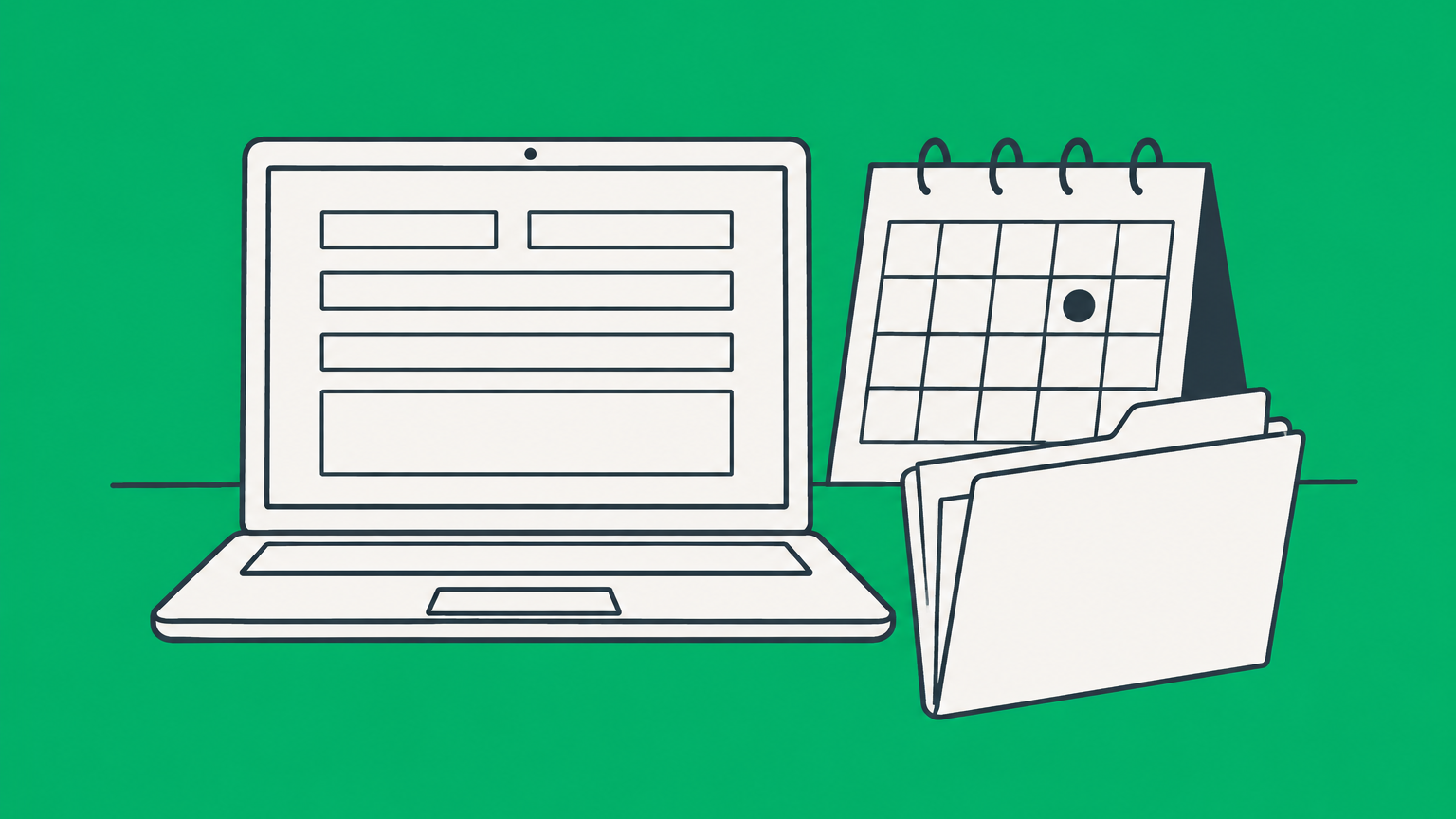 Flat illustration of a laptop, marked calendar, and business folder representing NJ annual report filing.