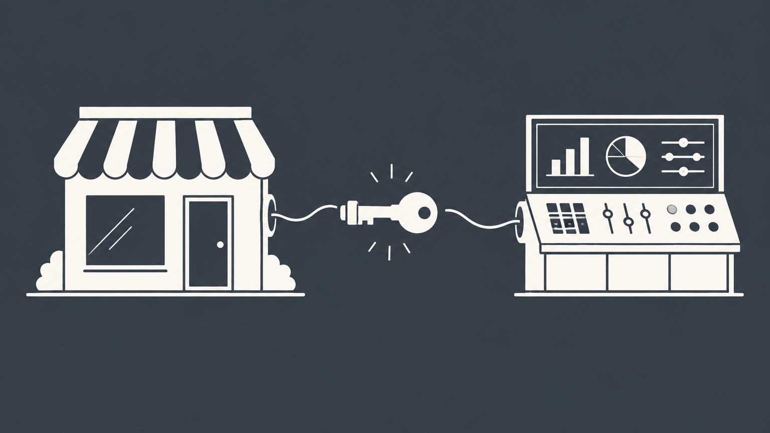 Flat illustration of a storefront connected by a removable key-shaped plug to an operations console, representing a management contract.