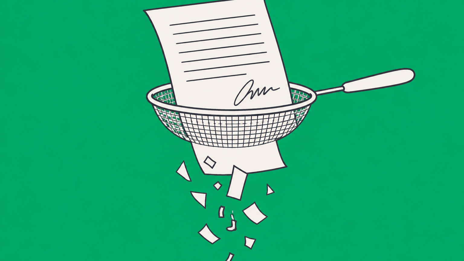 Flat illustration of a signed court document passing through a filter to represent Rule 11 filing standards and sanctions.