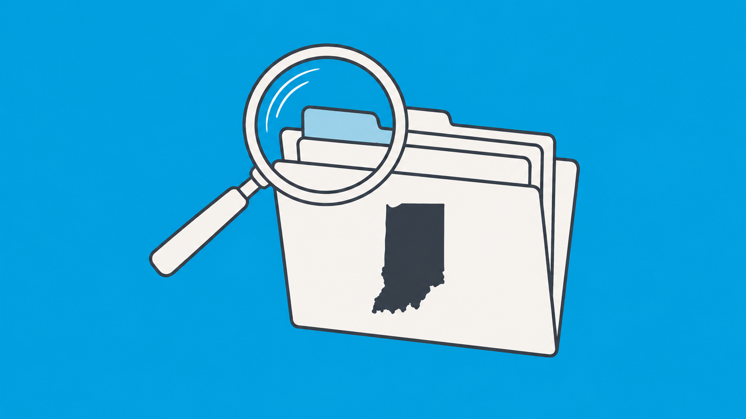 Flat illustration of a magnifying glass examining an Indiana-shaped records folder for an Indiana LLC lookup.