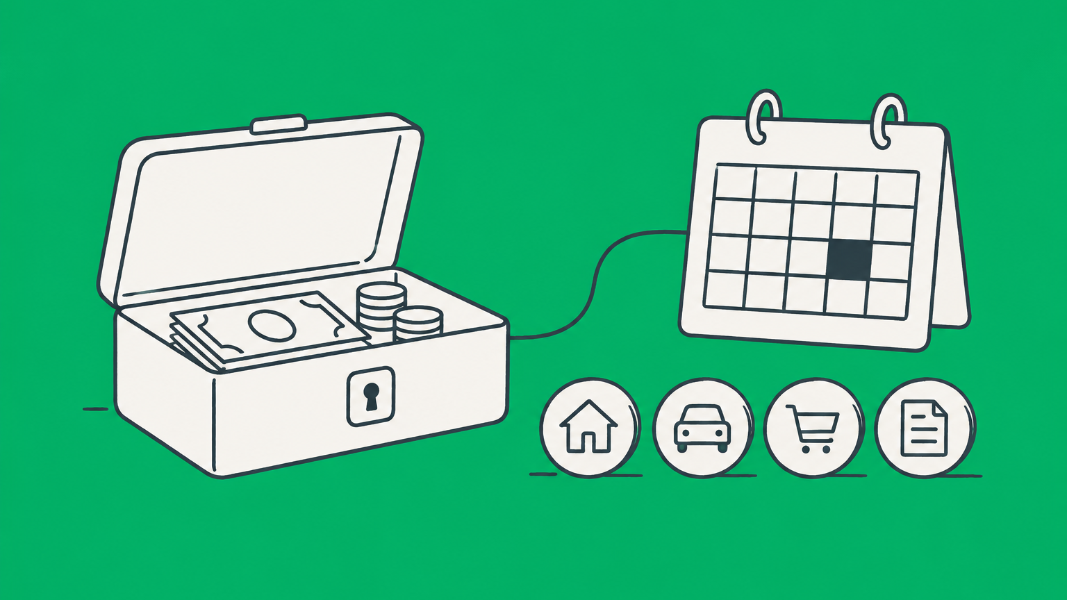 Flat illustration of an open cash box, calendar, and expense tokens representing cash on hand and days cash on hand.