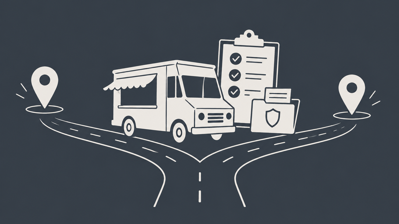 Flat illustration of a food truck following a planned route past a permit folder and checklist for starting a food truck business.