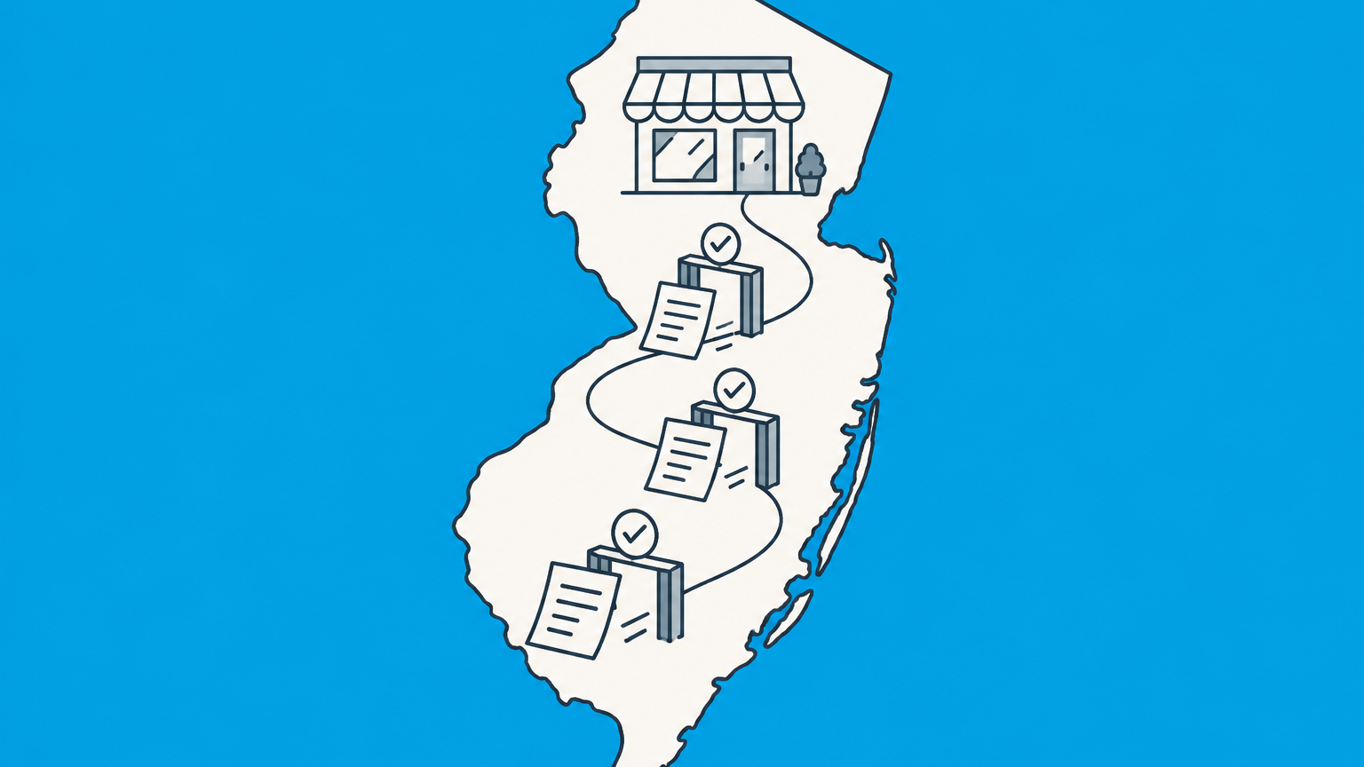 Flat illustration of a storefront inside a New Jersey outline with permit cards and checkpoints representing how to get a business license in NJ.