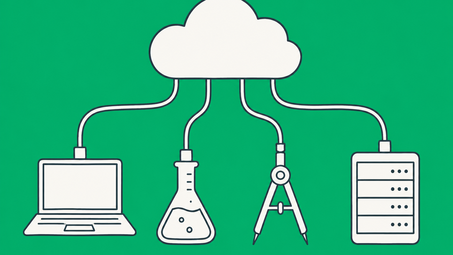 Flat illustration of a cloud linking software, scientific research, design, and computing tools for Trademark Class 42.