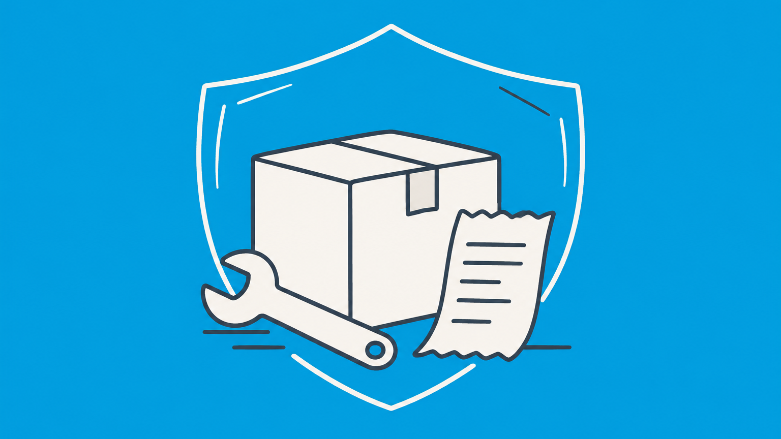 Flat illustration of a boxed product, receipt, protective shield, and repair wrench representing manufacturer warranty law.