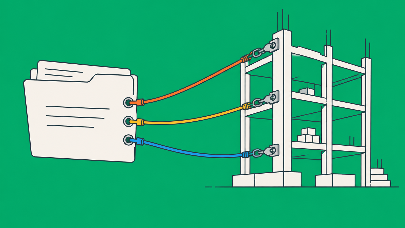 Flat illustration of a contract folder and three safety cables securing a construction project to represent contract bonds versus performance bonds.