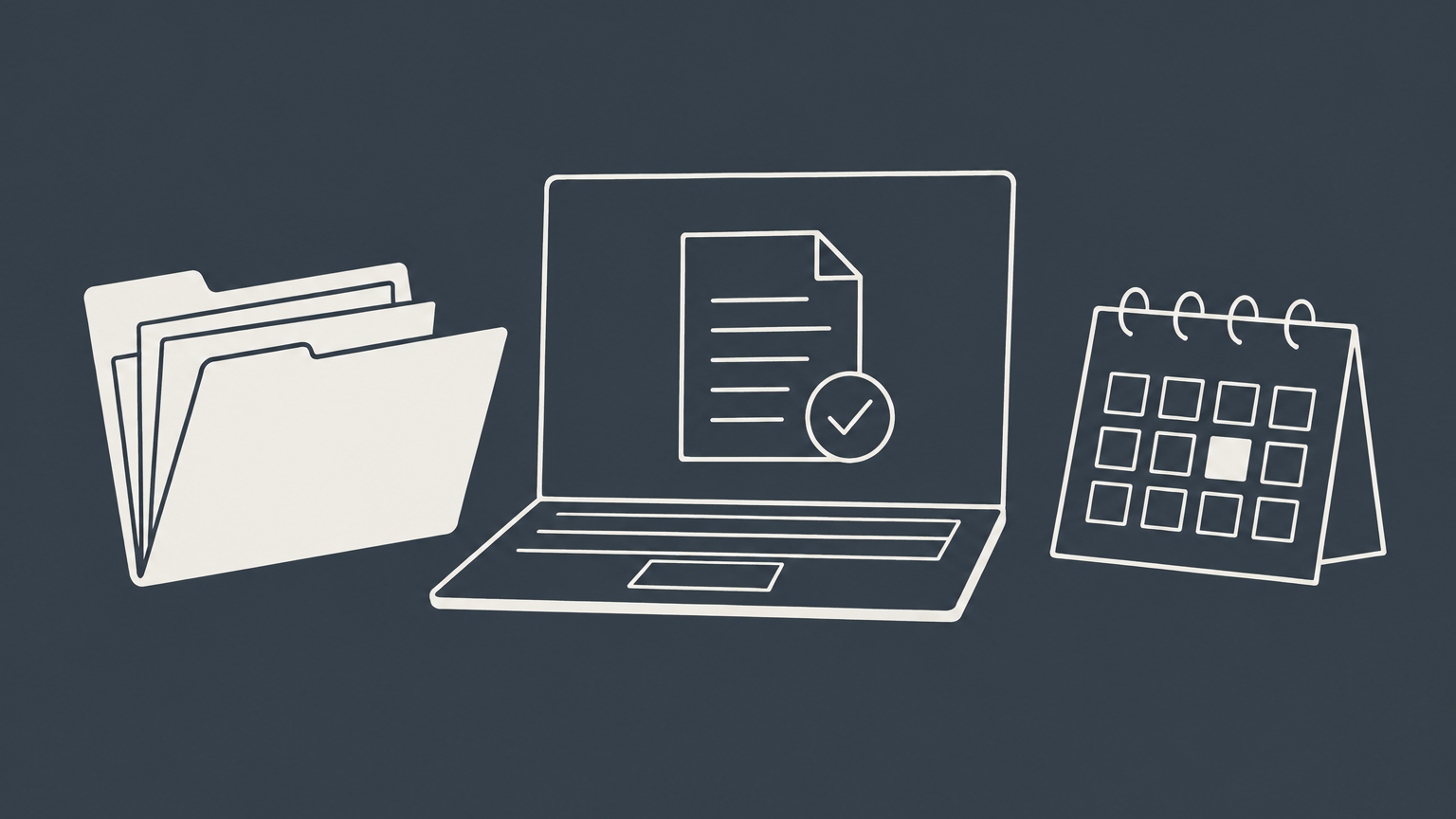 Flat illustration of an open business folder, completed online filing, and marked calendar representing a North Carolina LLC annual report.