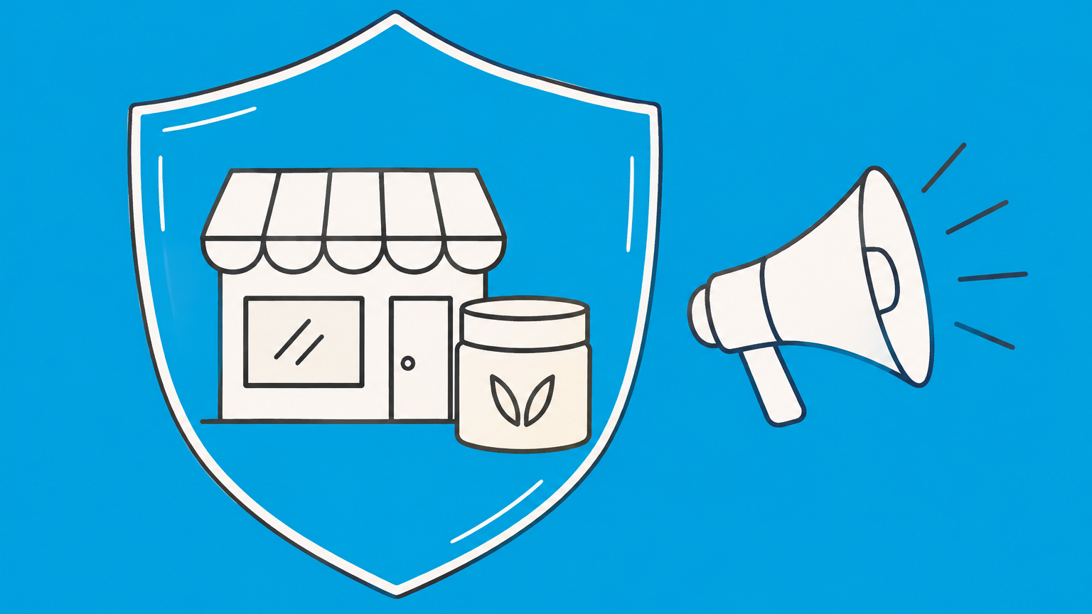 Flat illustration of a shield protecting a storefront symbol and product label from a misleading megaphone, representing Lanham Act trademark and advertising protections.