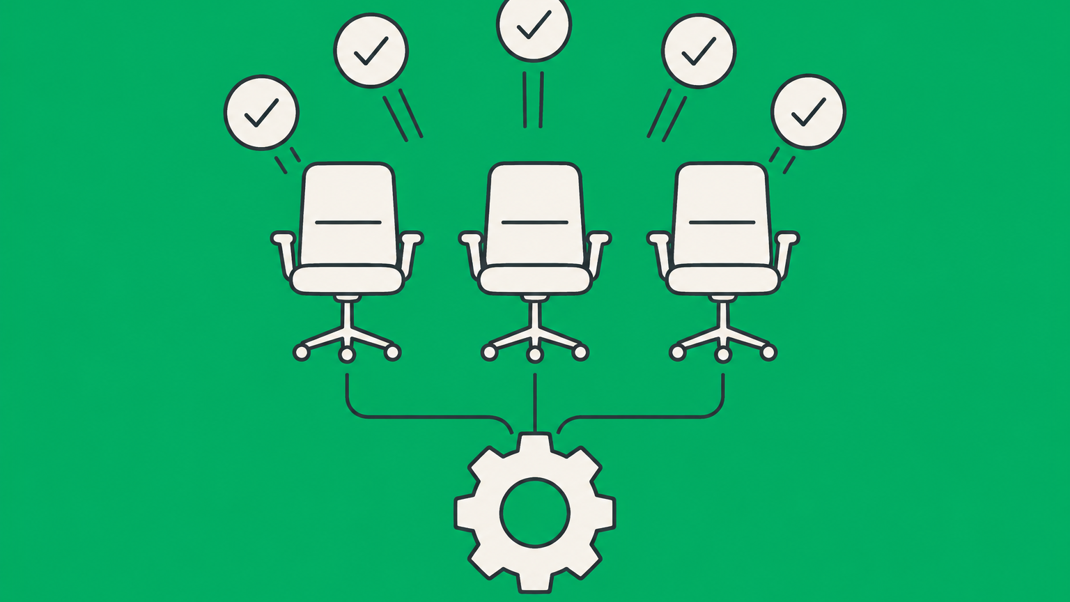 Flat illustration of voting tokens, boardroom chairs, and an operations gear representing who controls a corporation.