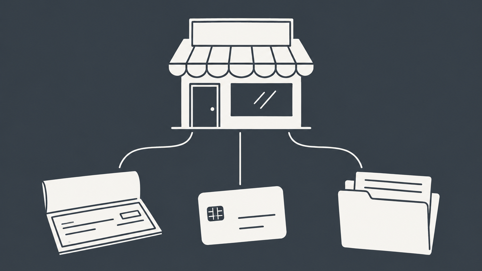 Flat illustration of a storefront sign connected to banking tools and registration documents representing a DBA account.
