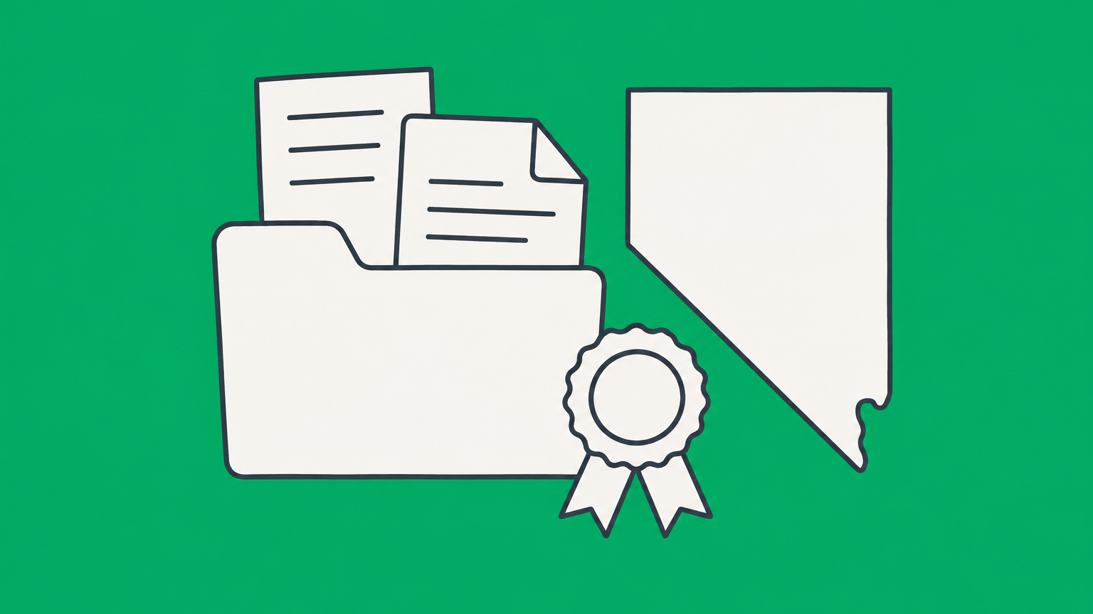 Flat illustration of a silver filing folder, Nevada map, formation documents, and certification seal representing Nevada Articles of Organization.