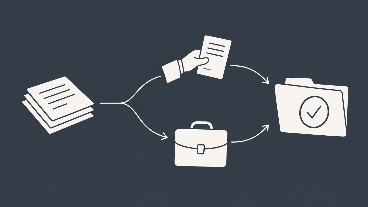 Flat illustration of blank forms moving along simple filing paths into a completed folder to represent the easiest way to start an LLC.