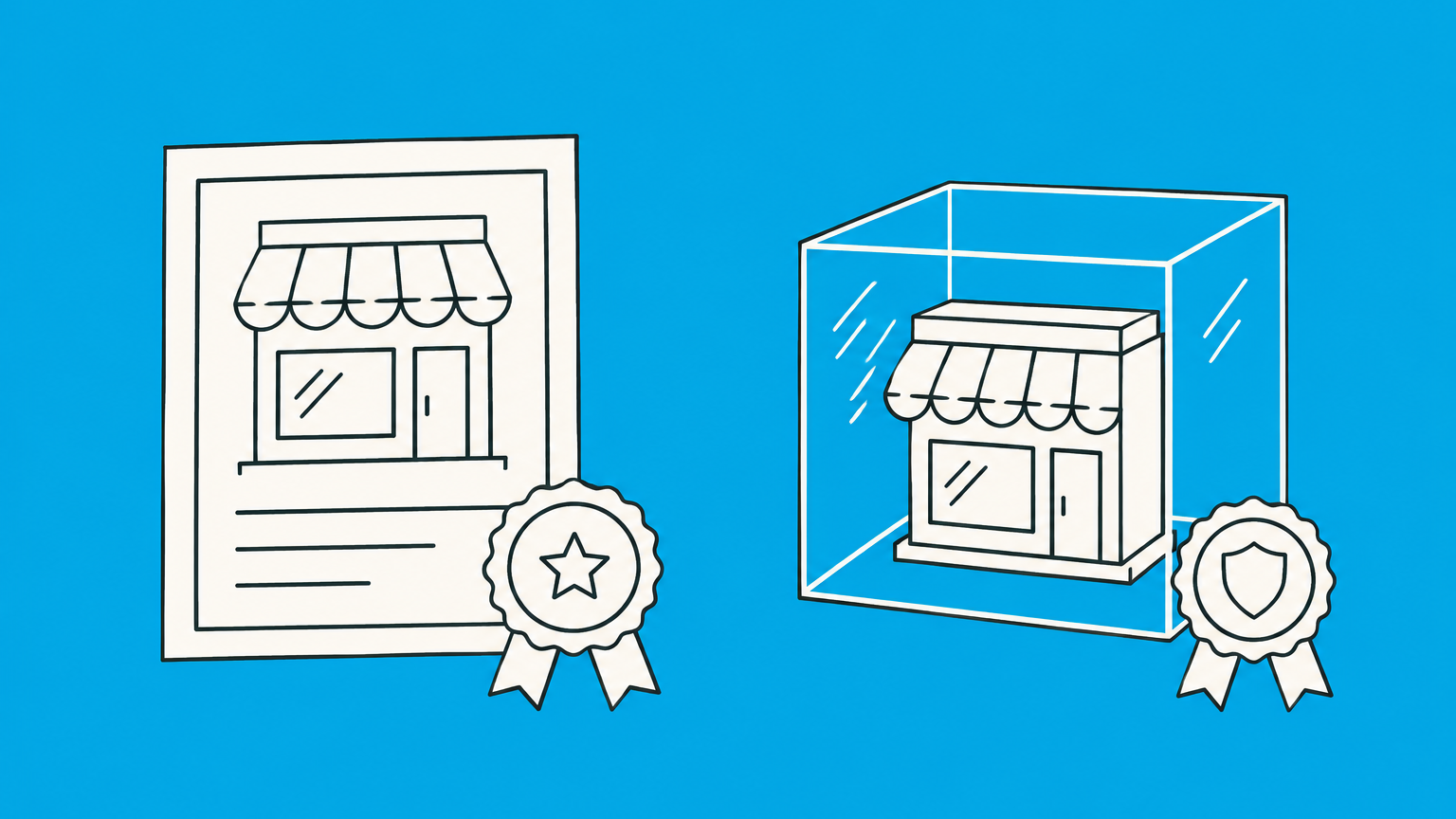 Flat illustration of a storefront permit beside a separately enclosed business entity, representing the difference between incorporation and registration.