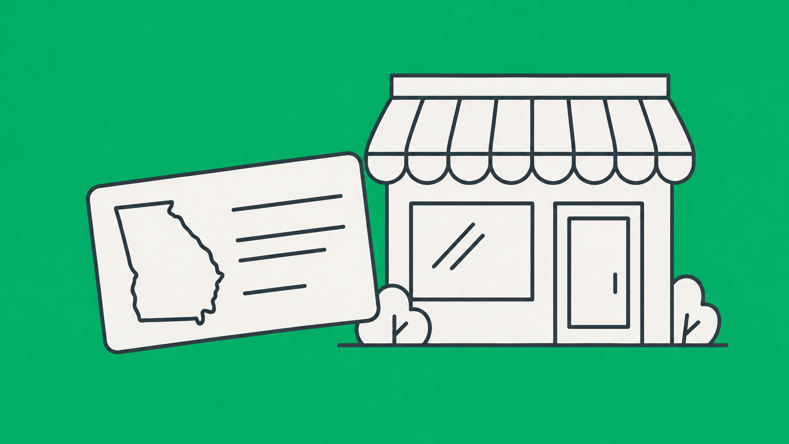 Flat illustration of interlocking federal and Georgia identification cards beside a storefront, representing how to get an EIN number in Georgia.