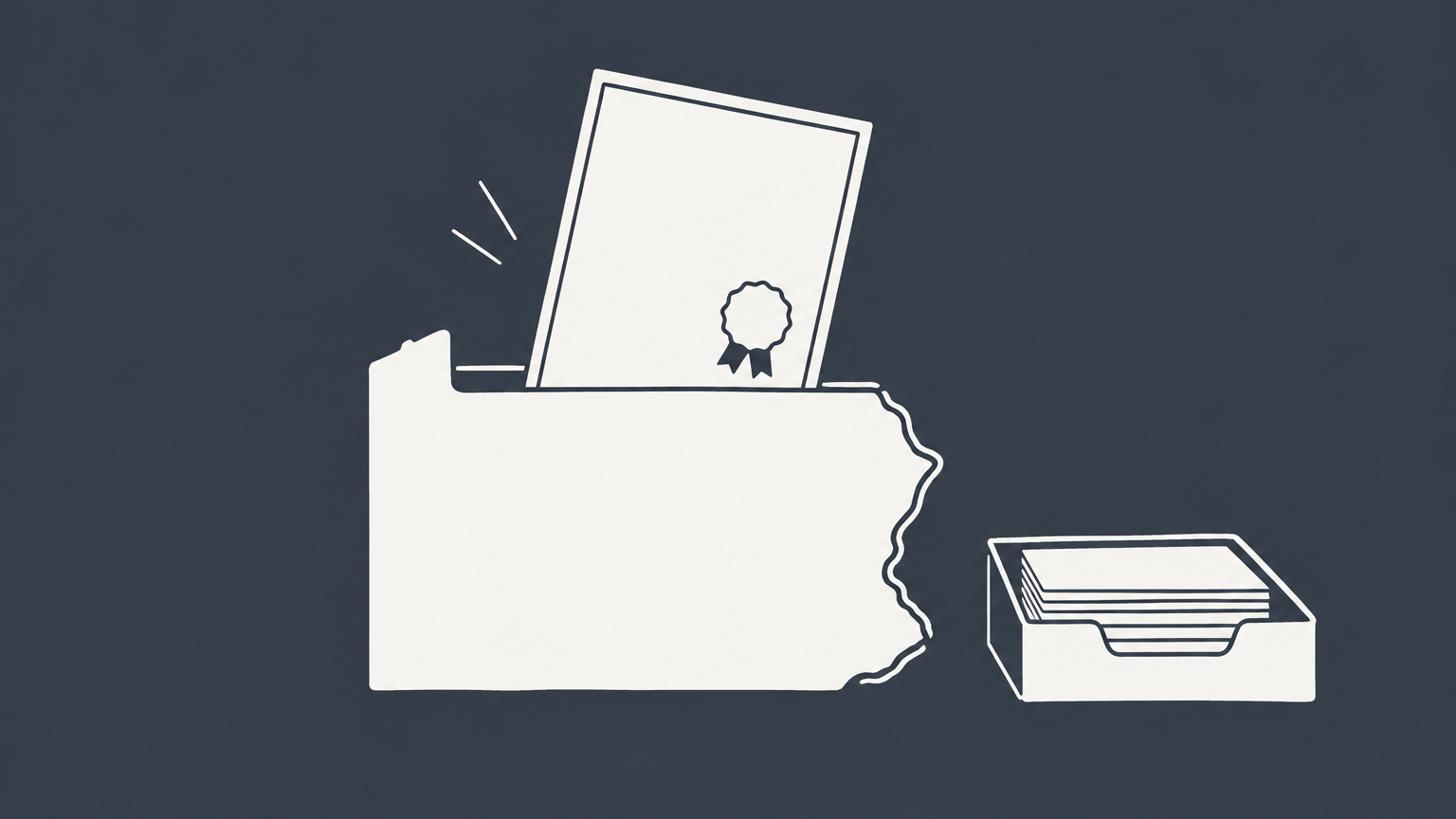 Flat illustration of a blank certificate sliding into a Pennsylvania-shaped folder to represent filing a Certificate of Organization PA.