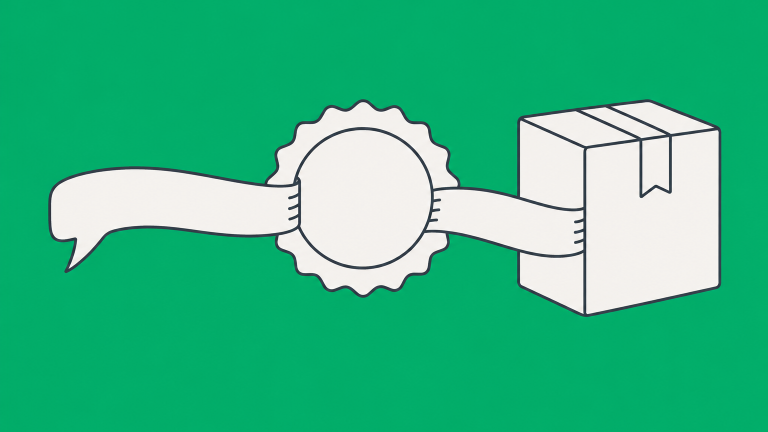 Flat illustration of a speech ribbon passing through a registration seal and attaching to a product package to represent trademarking a phrase.