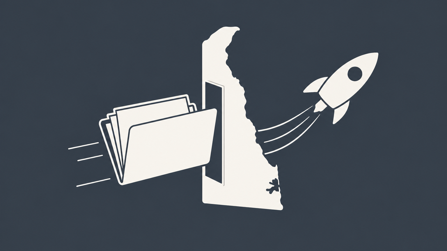 Flat illustration of formation papers passing through a Delaware-shaped filing slot to represent how to incorporate in Delaware.