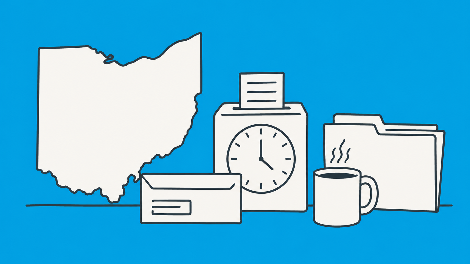 Flat illustration of an Ohio-shaped map with a time clock, pay envelope, coffee cup, and filing folder representing Ohio labor laws.