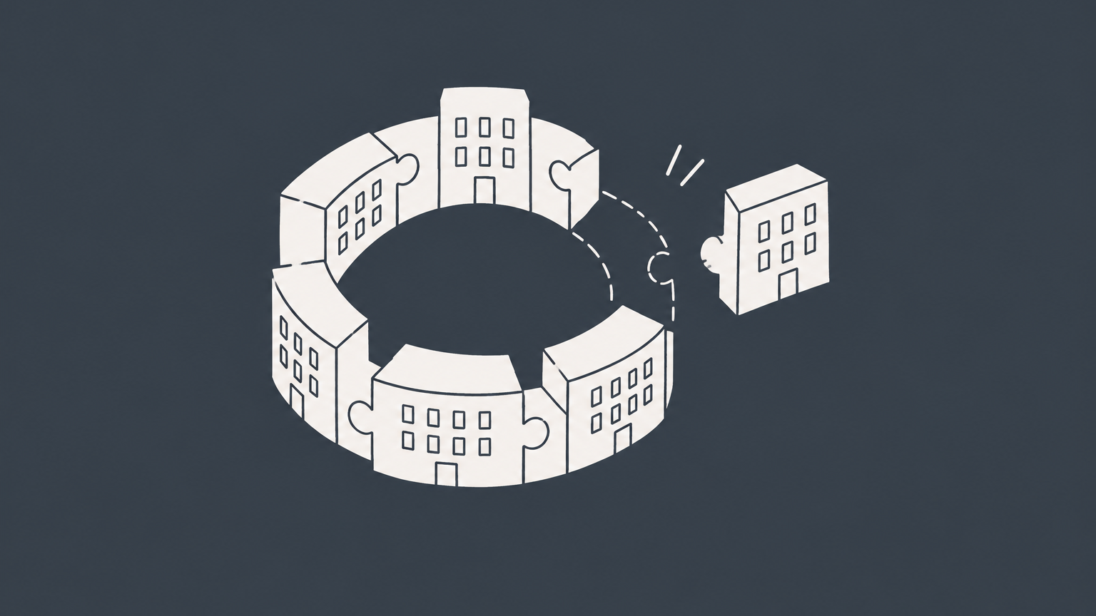 Flat illustration of an office-building block joining connected ownership blocks to represent an S corp becoming a partner in a partnership.